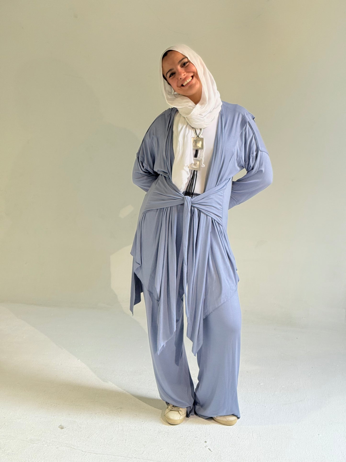 Asymmetrical Cardigan Set in Blue Jeans