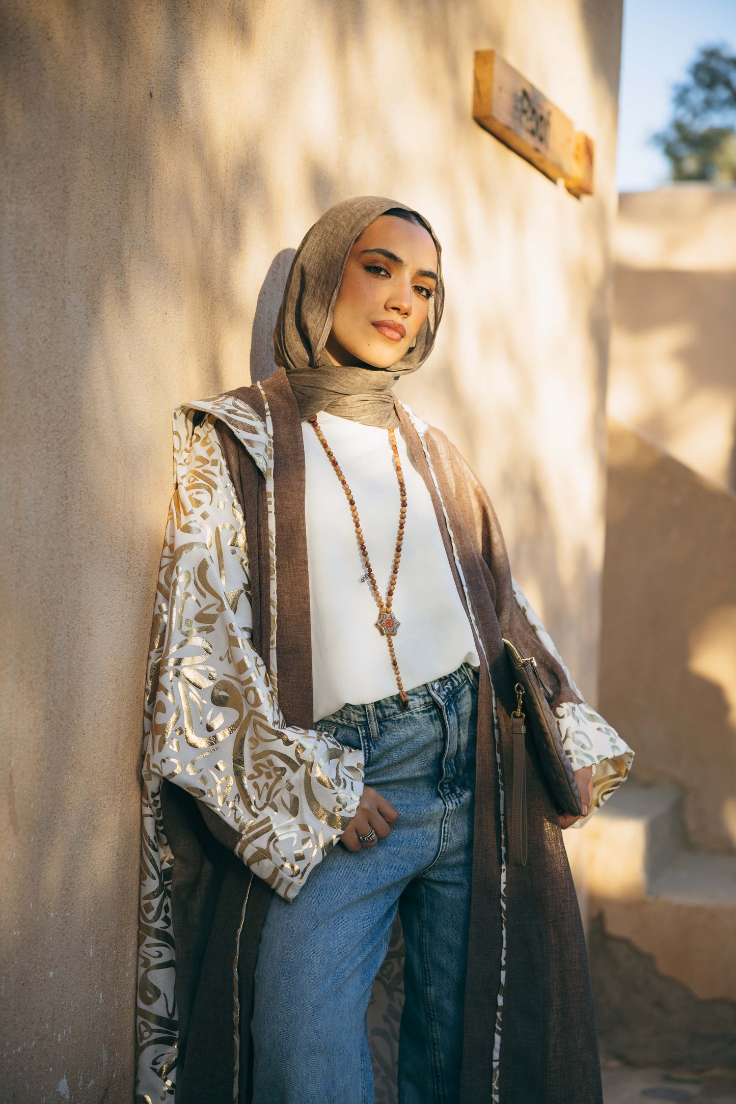 Calligraphy Linen Kaftan in Cafe