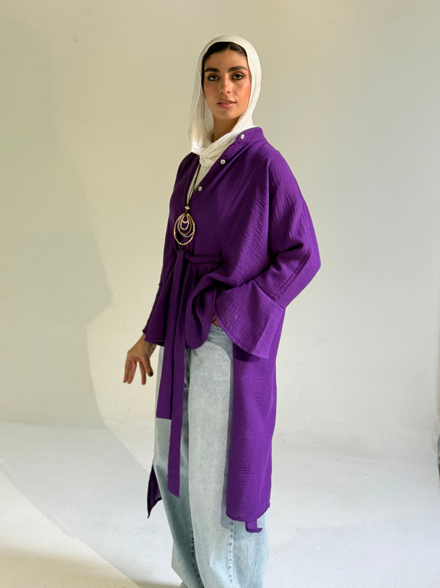 Linen Belted Asymmetrical Shirt in Purple