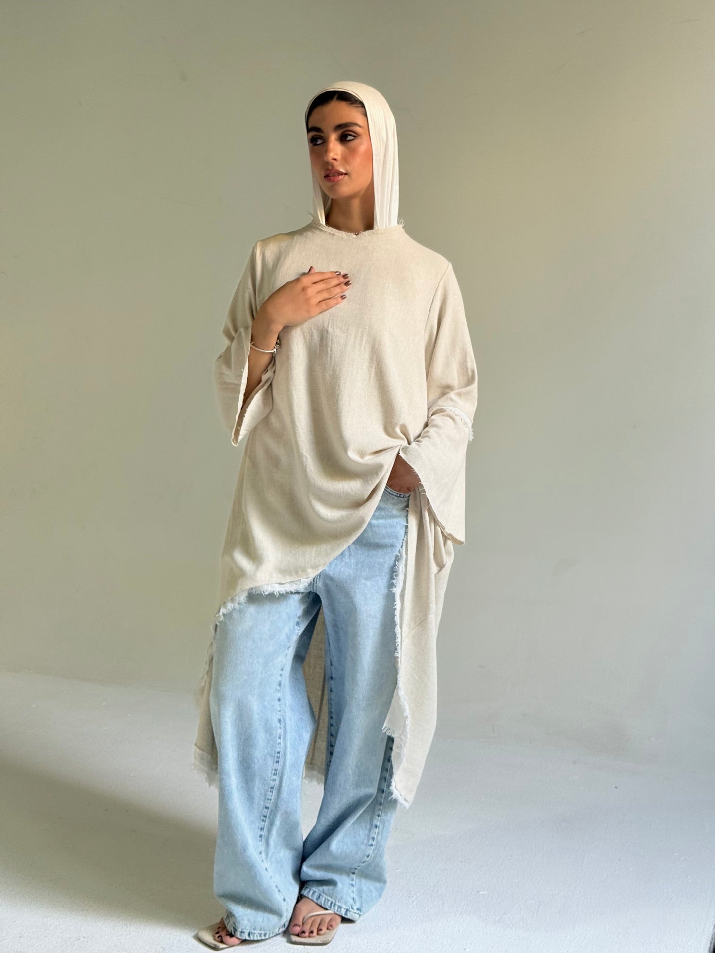 High Low Linen Top in Beige