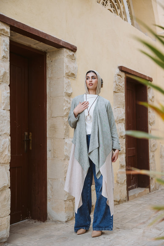 Asymmetrical bicolor linen Cardigan in Mint