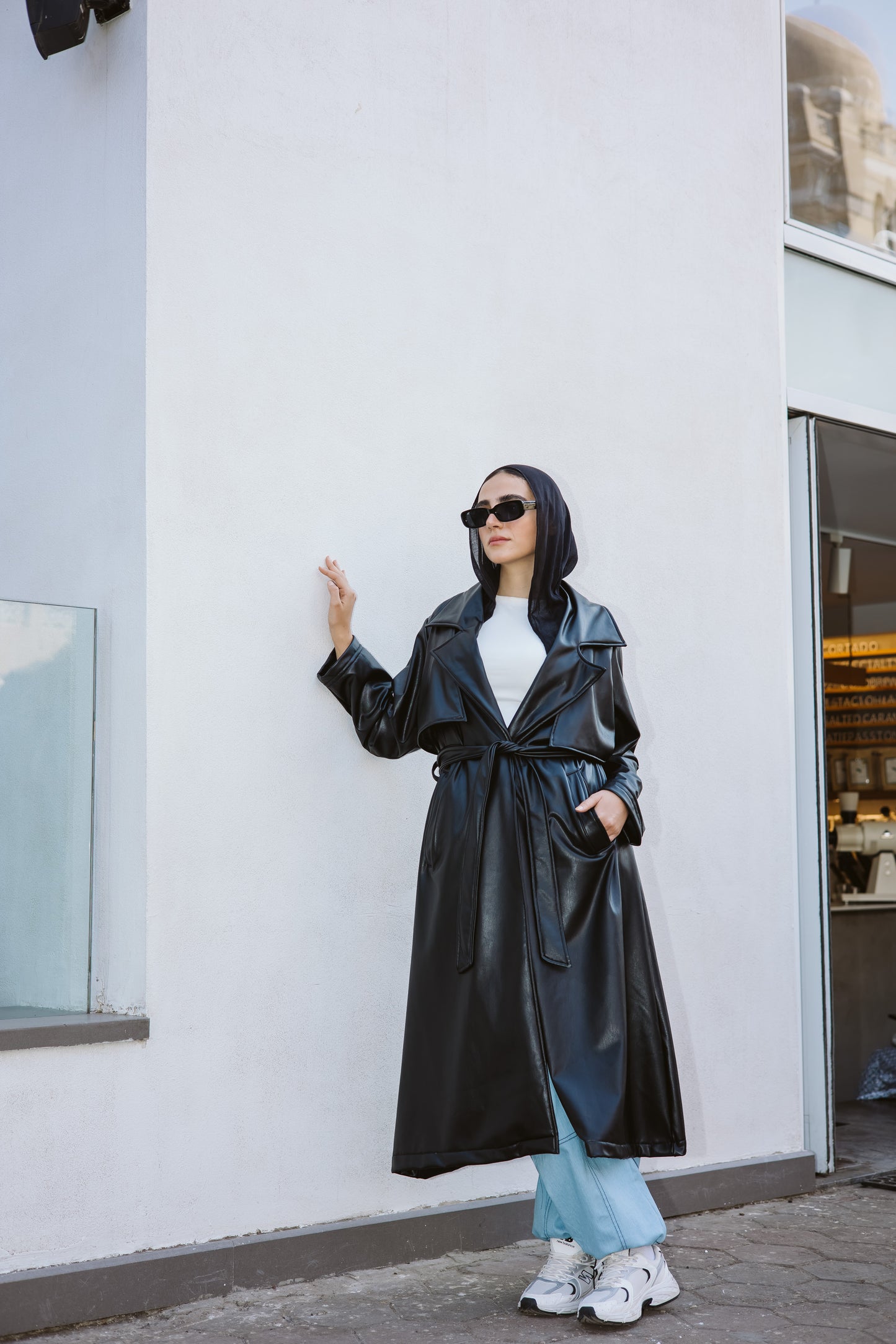 Long Faux Leather Trench Coat in Black