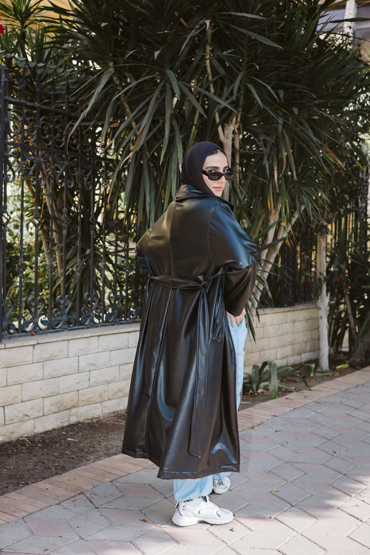 Long Faux Leather Trench Coat in Black