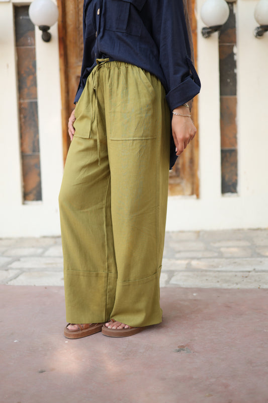 Wide Linen Pants in Olive