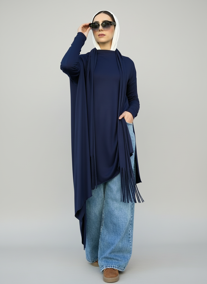 Waves Top with Fringes Scarf in Navy Blue