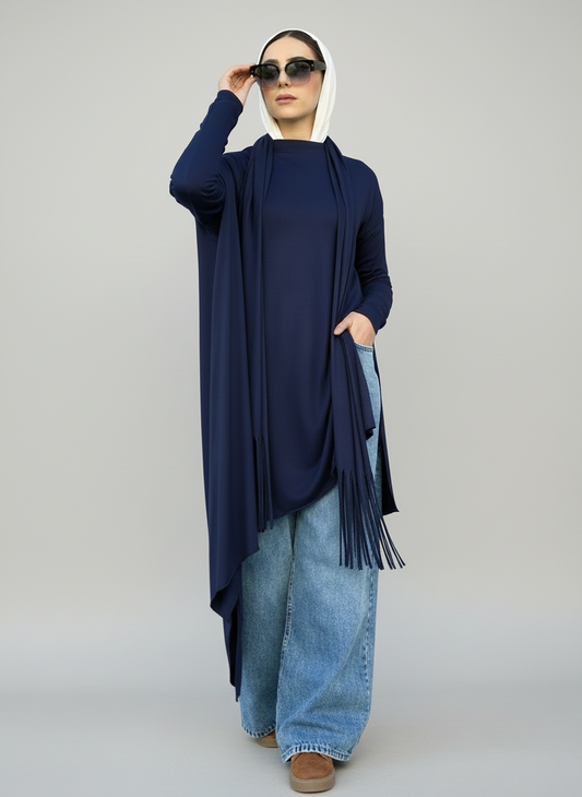 Waves Top with Fringes Scarf in Navy Blue