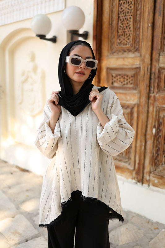 Flowy Stripes Linen Top in Ivory