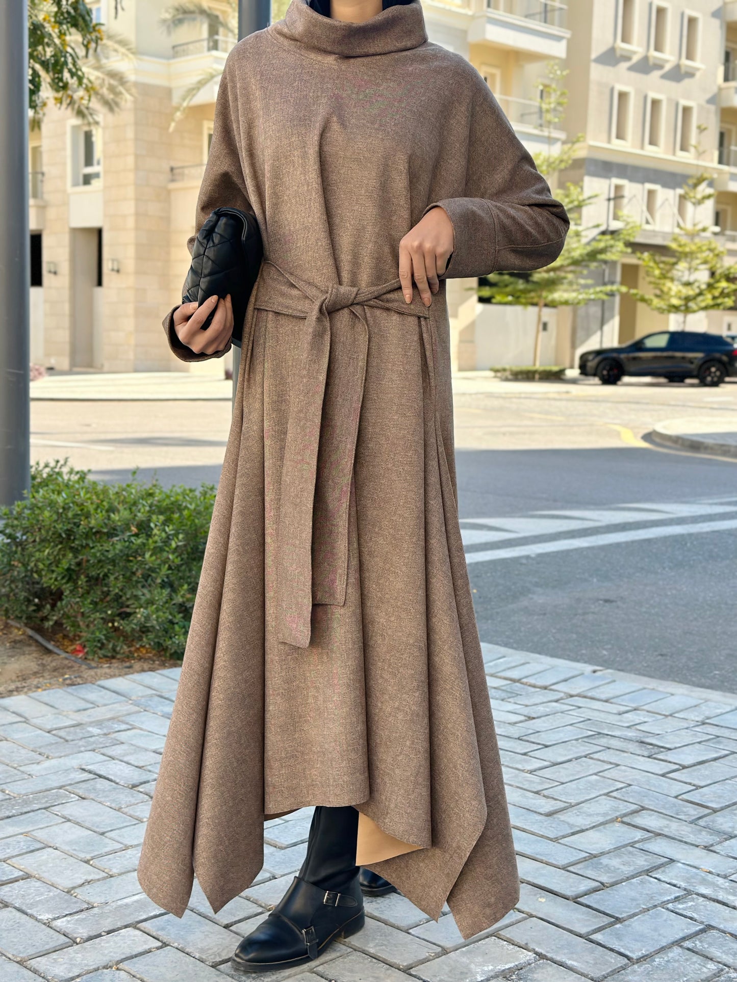 Asymmetrical Waist Belt Dress in Beige