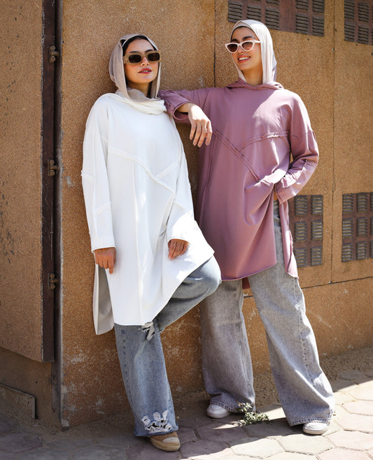 Stitch Cotton Hoodie Top in Off White