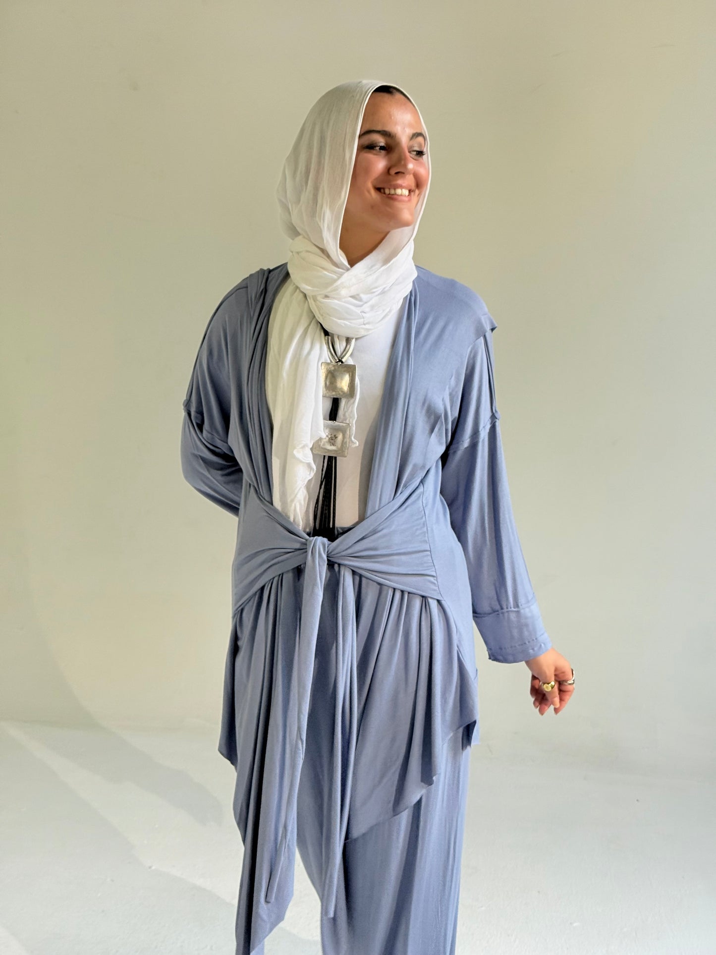 Asymmetrical Cardigan Set in Blue Jeans