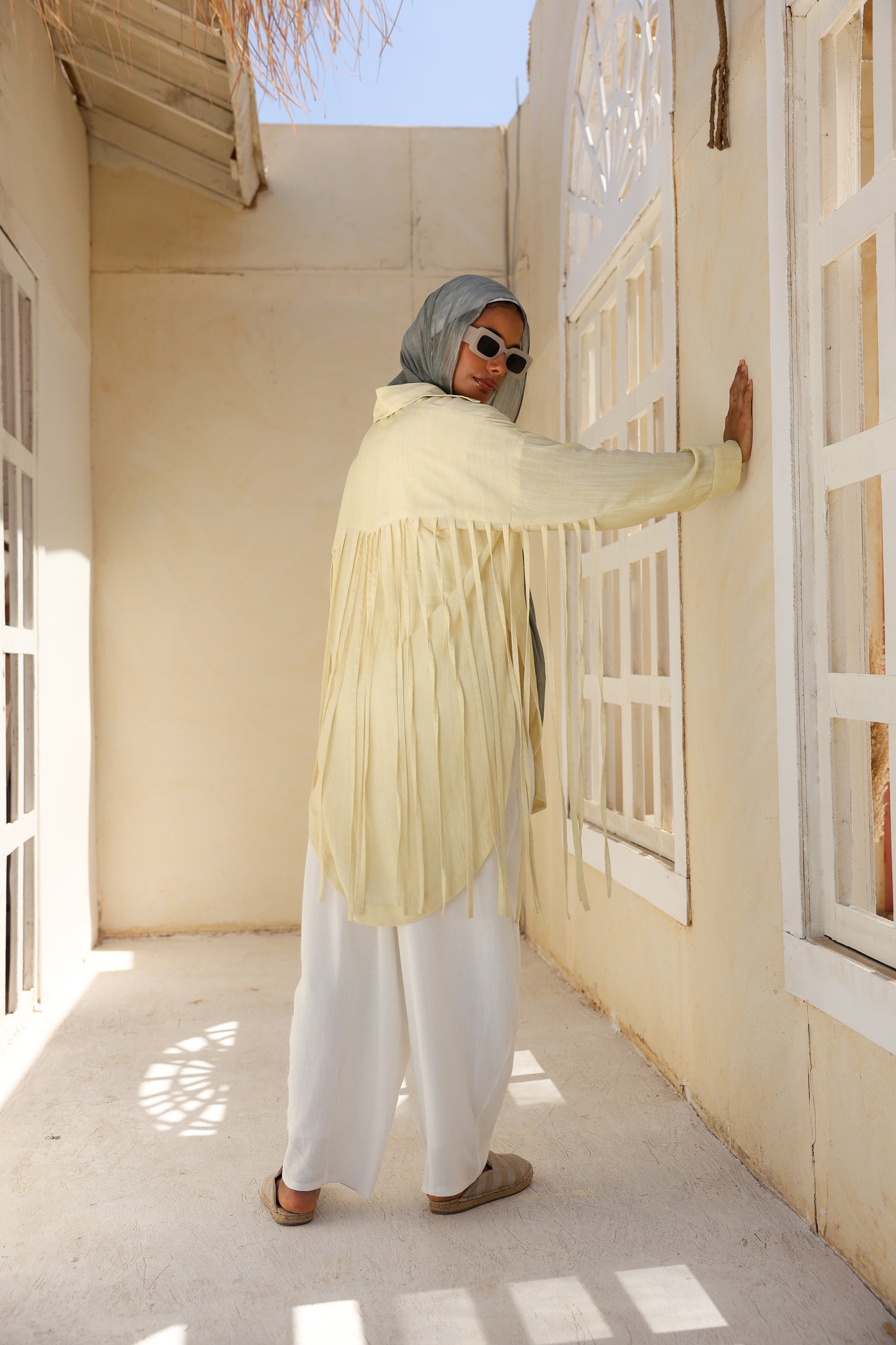 Back Fringes Linen Shirt in Butter Yellow