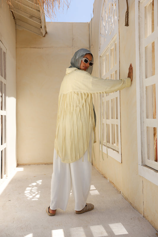Back Fringes Linen Shirt in Butter Yellow