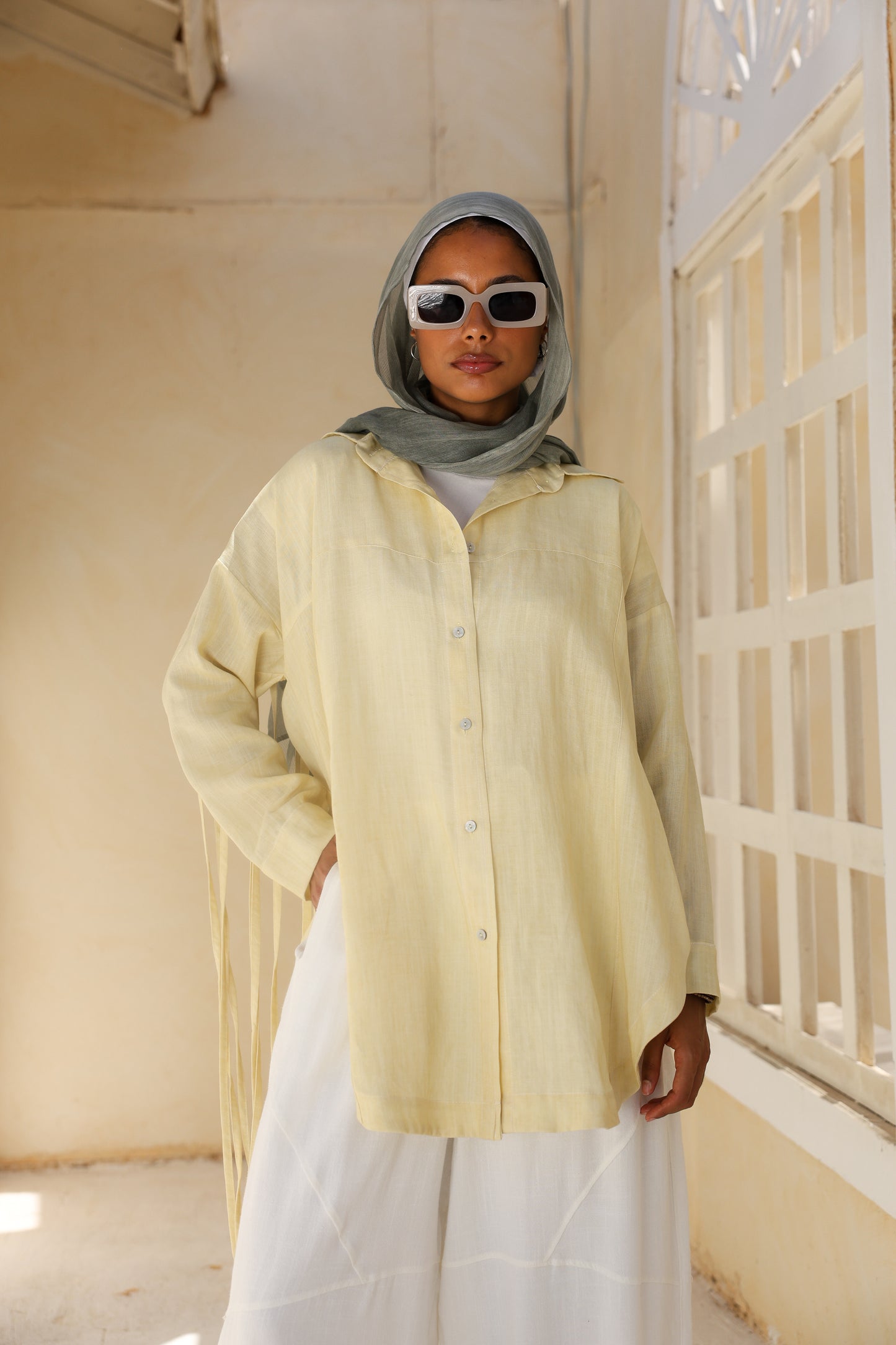 Back Fringes Linen Shirt in Butter Yellow