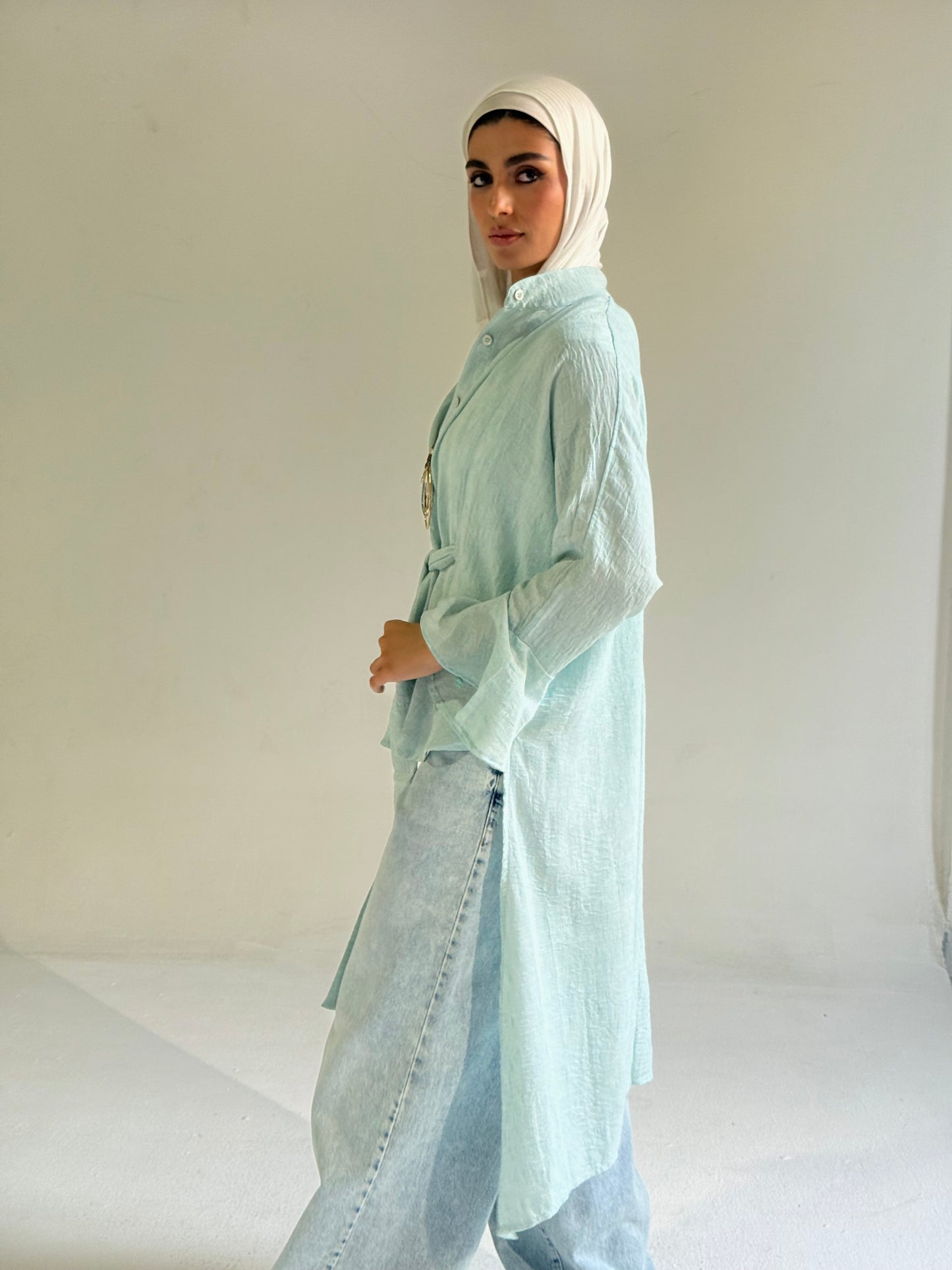 Linen Belted Asymmetrical Shirt in Aqua Blue