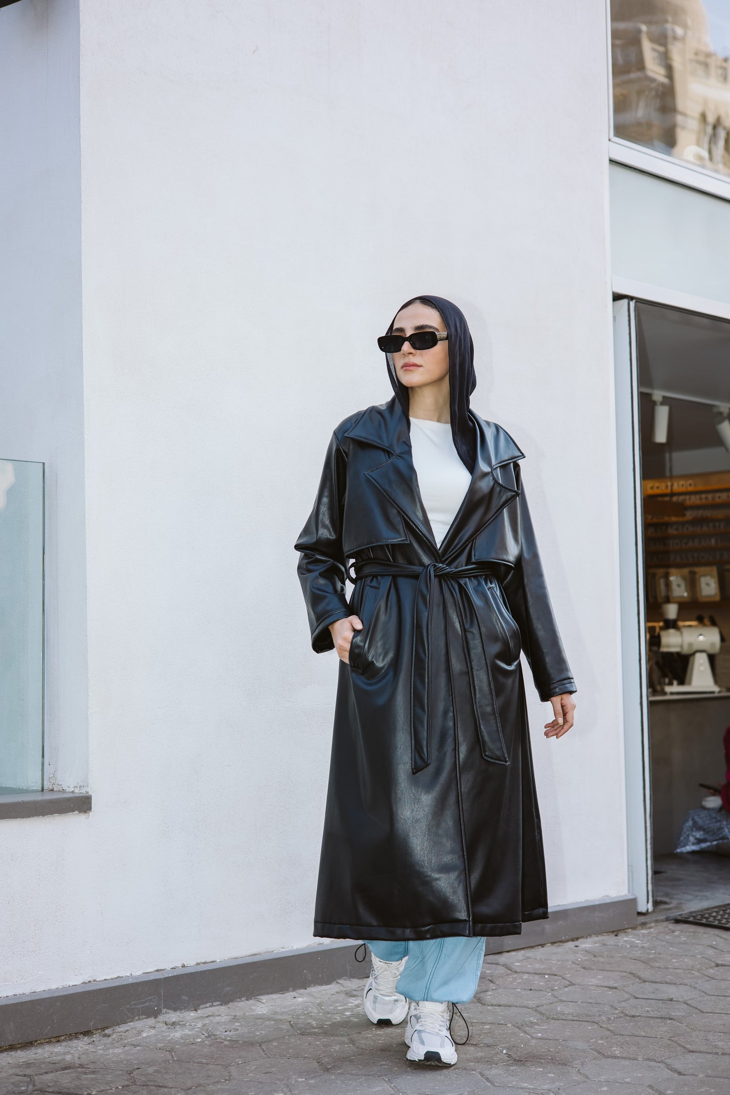 Long Faux Leather Trench Coat in Black