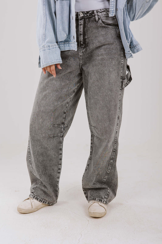 High Waist Balloon Denim Pants in Washed Gray