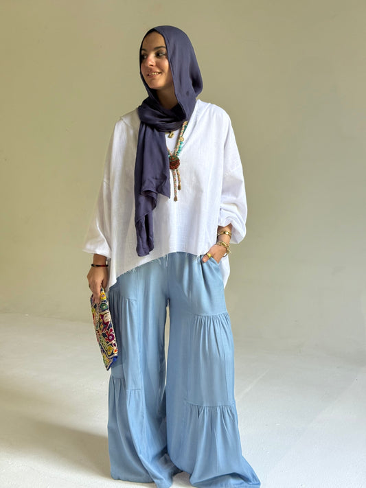 High Low Hoodie Linen Top in White