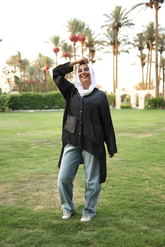 Hoodie High Low Shirt in Washed Black