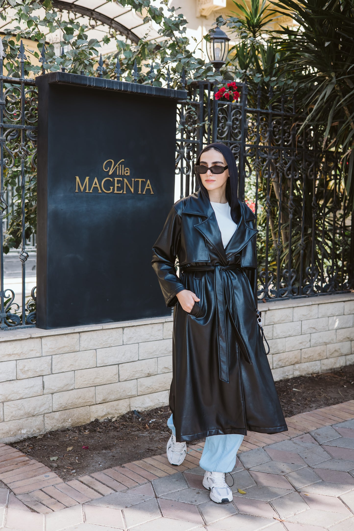 Long Faux Leather Trench Coat in Black