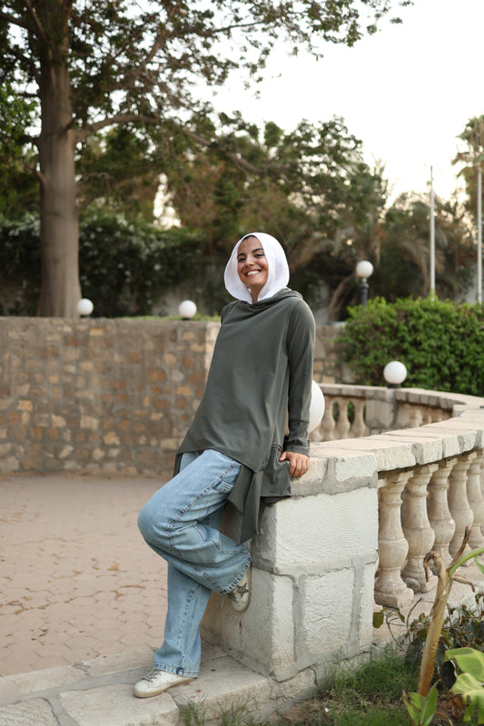 Stitches Side Hoodie Top in Olive