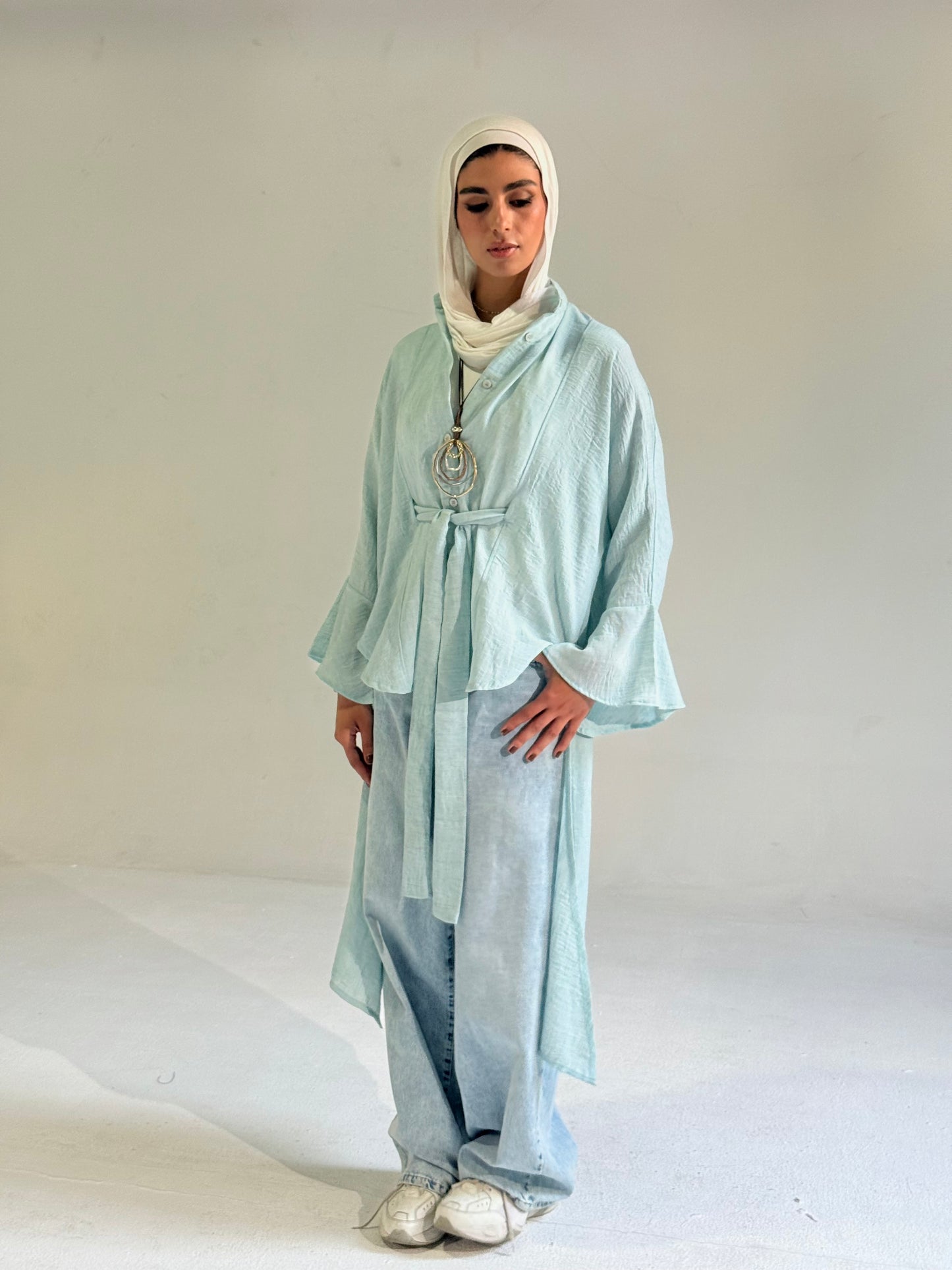 Linen Belted Asymmetrical Shirt in Aqua Blue