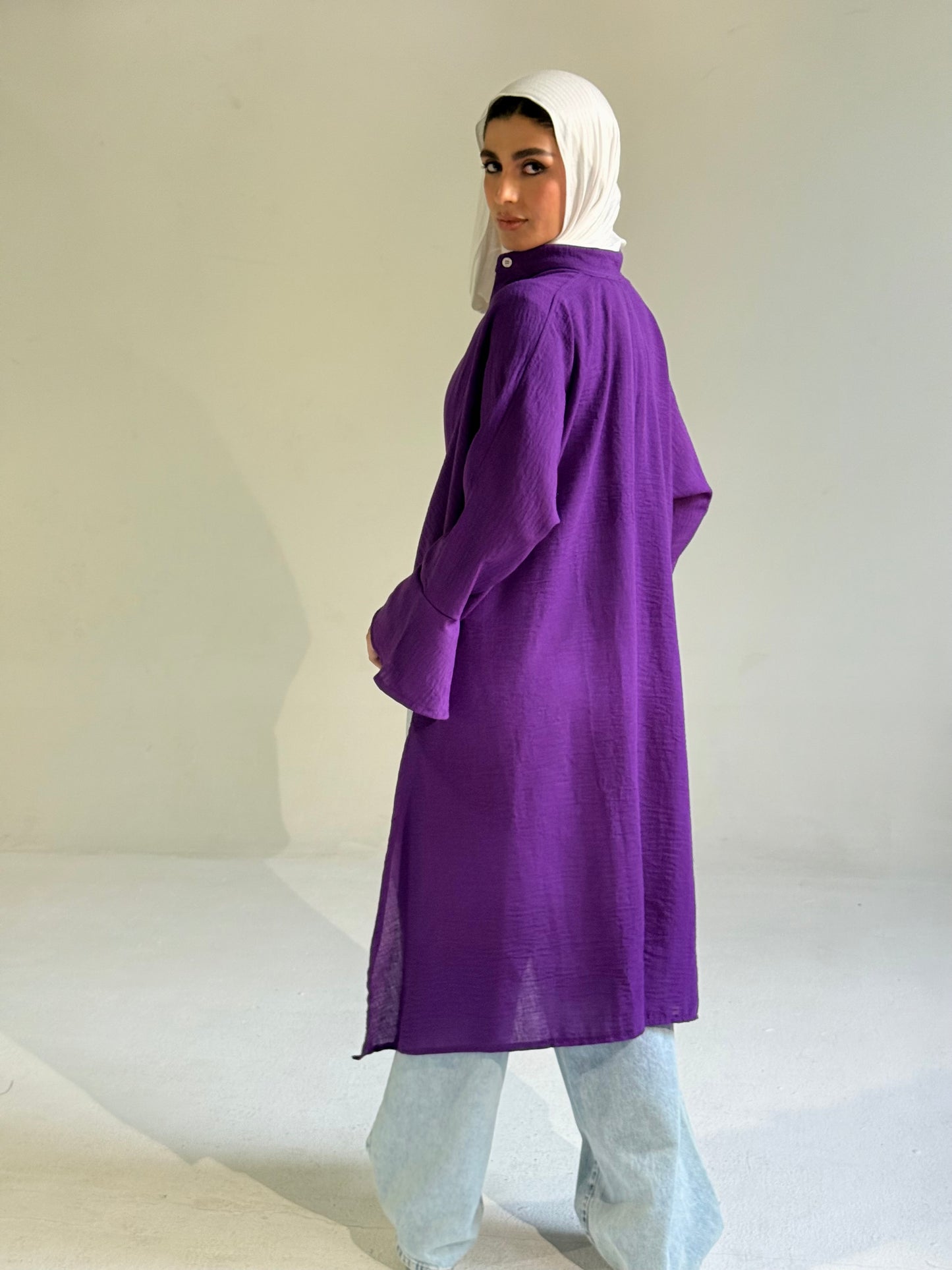 Linen Belted Asymmetrical Shirt in Purple