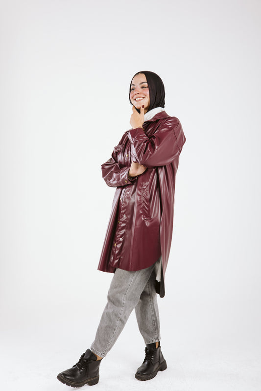 Faux Leather High Low Shirt in Burgundy