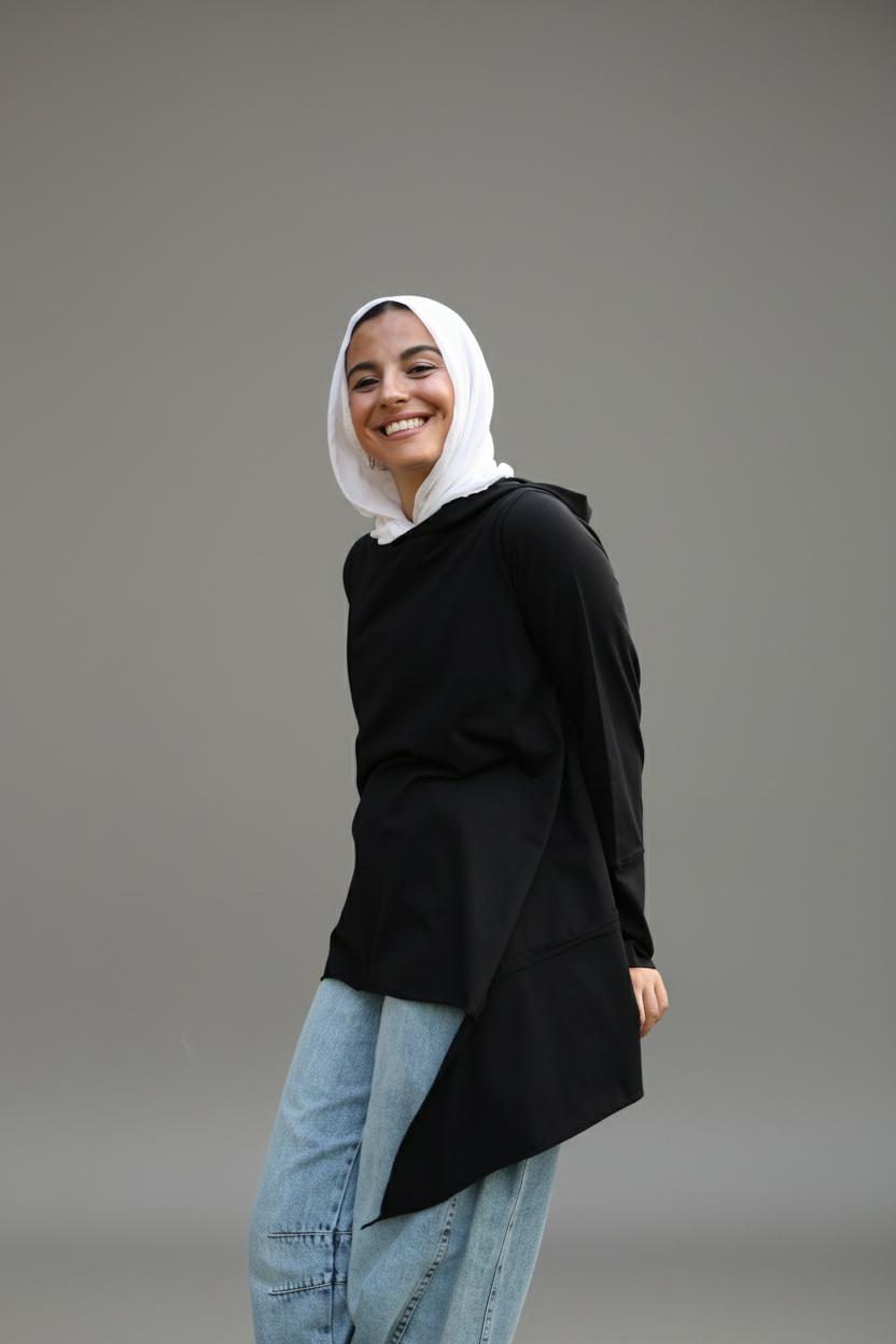 Stitches Side Hoodie Cotton Top in Black