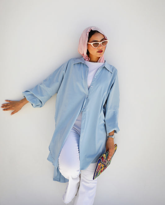 Puffy Sleeves High Low Shirt in Baby Blue