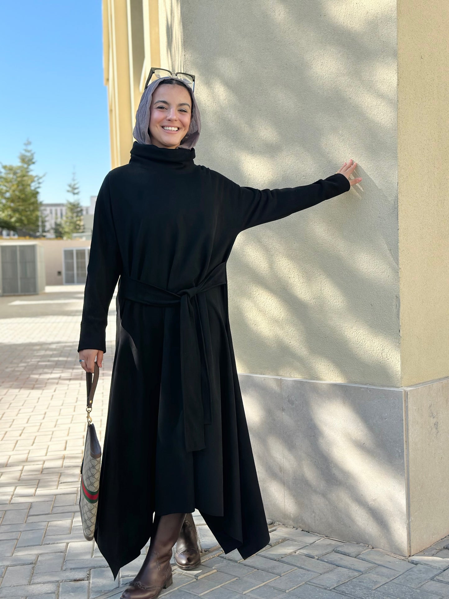 Asymmetrical Waist Belt Dress in Black