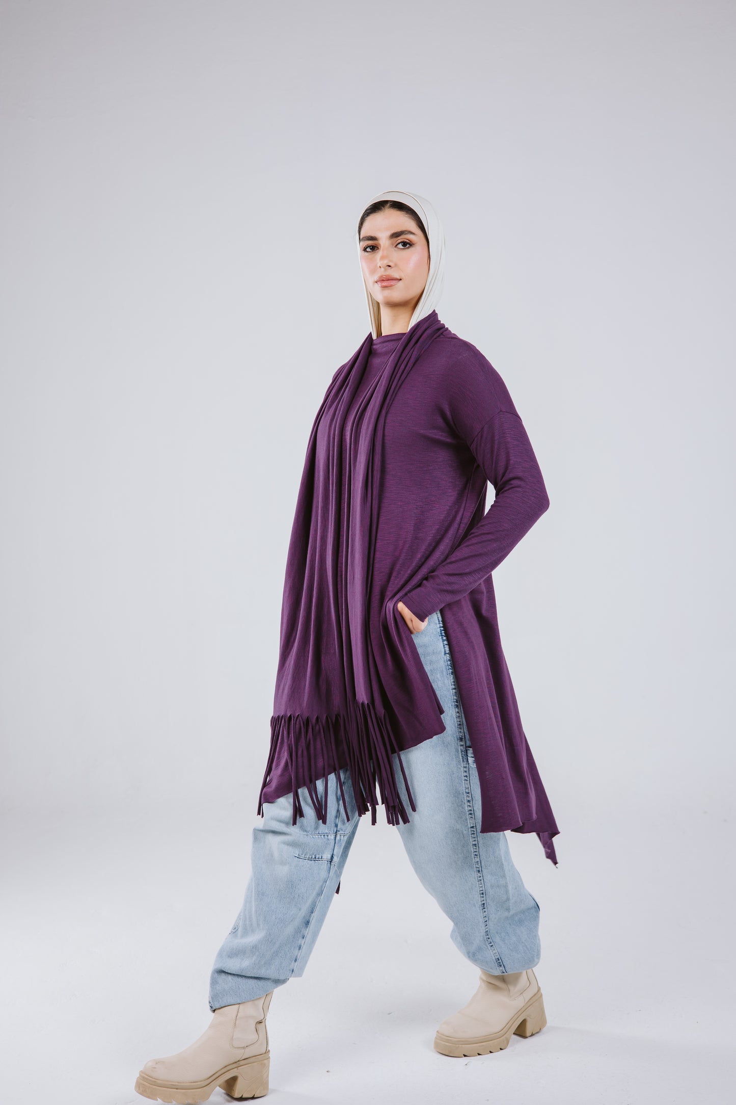 Waves Top with Fringes Scarf in Purple