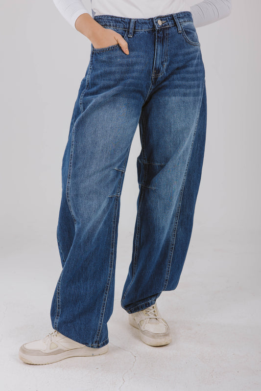 High Waist Balloon Denim Pants in Washed Dark Blue