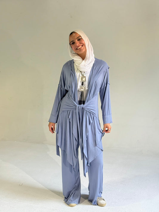 Asymmetrical Cardigan Set in Blue Jeans