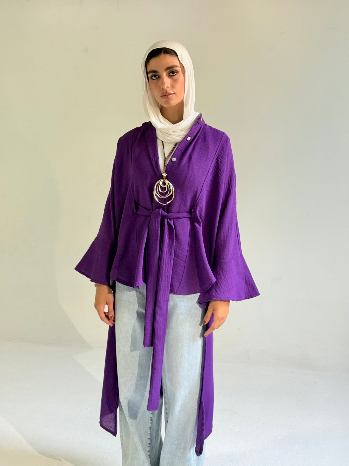Linen Belted Asymmetrical Shirt in Purple