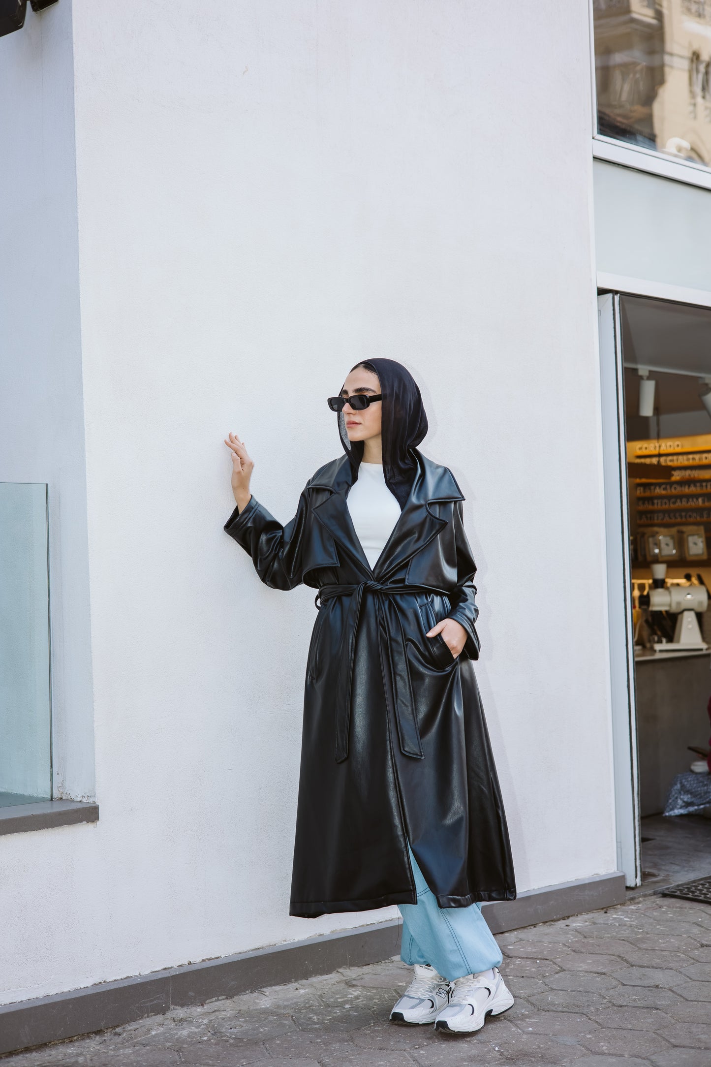 Long Faux Leather Trench Coat in Black