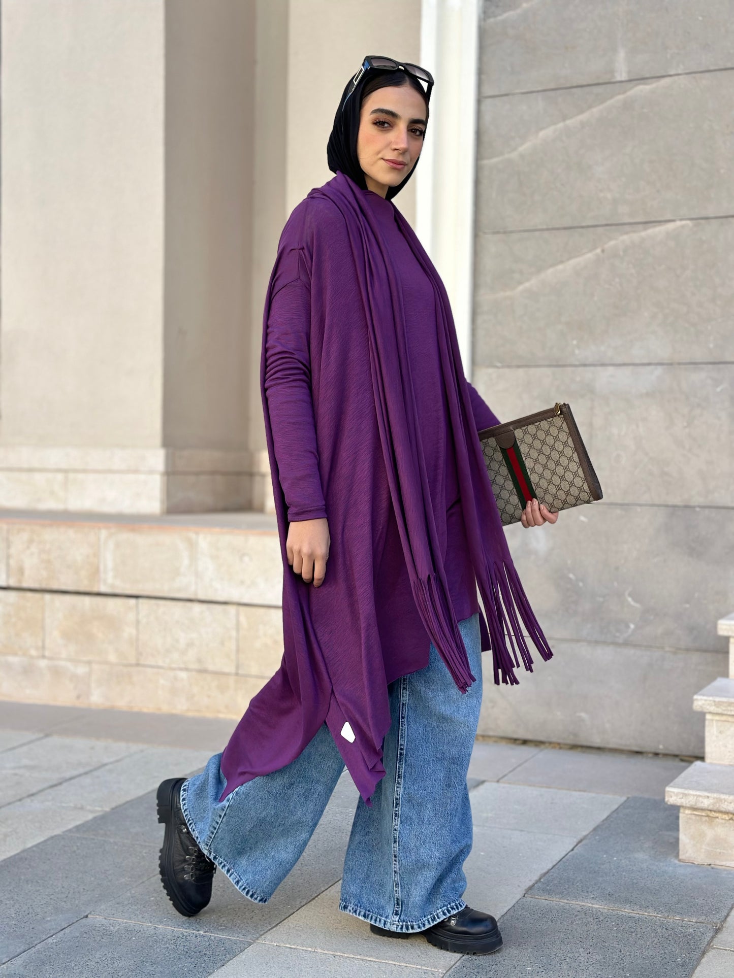 Waves Top with Fringes Scarf in Purple