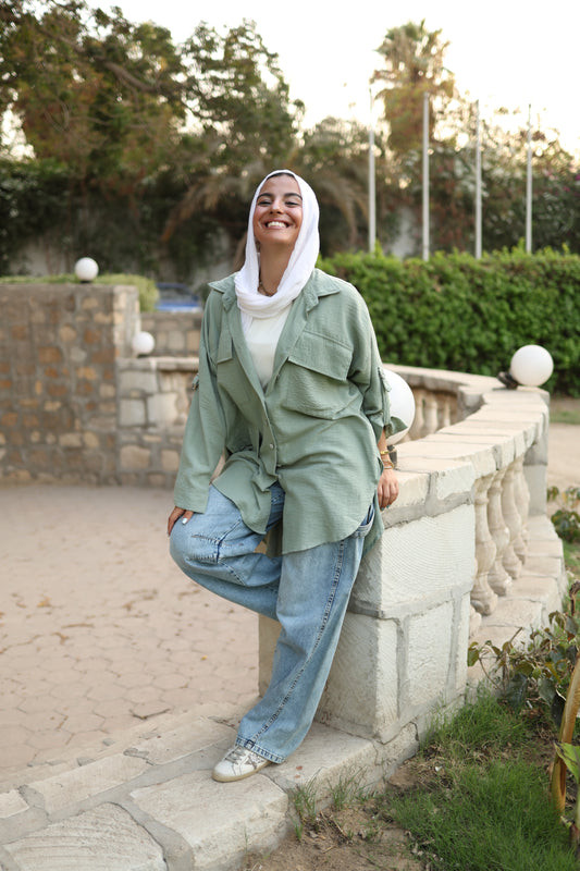 Pockets Linen High Low Shirt in Olive