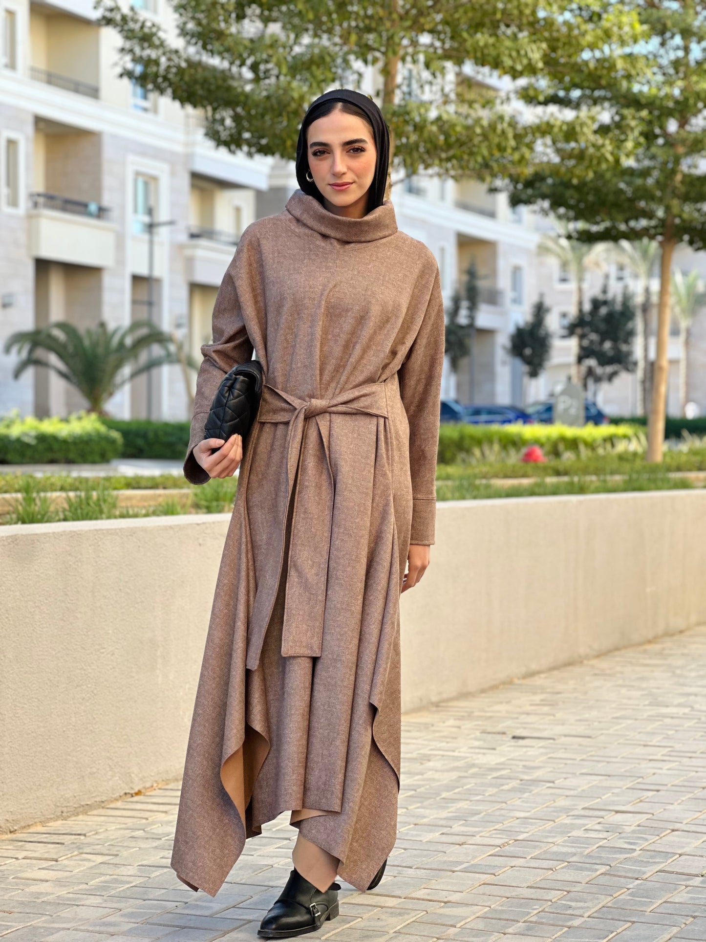 Asymmetrical Waist Belt Dress in Beige