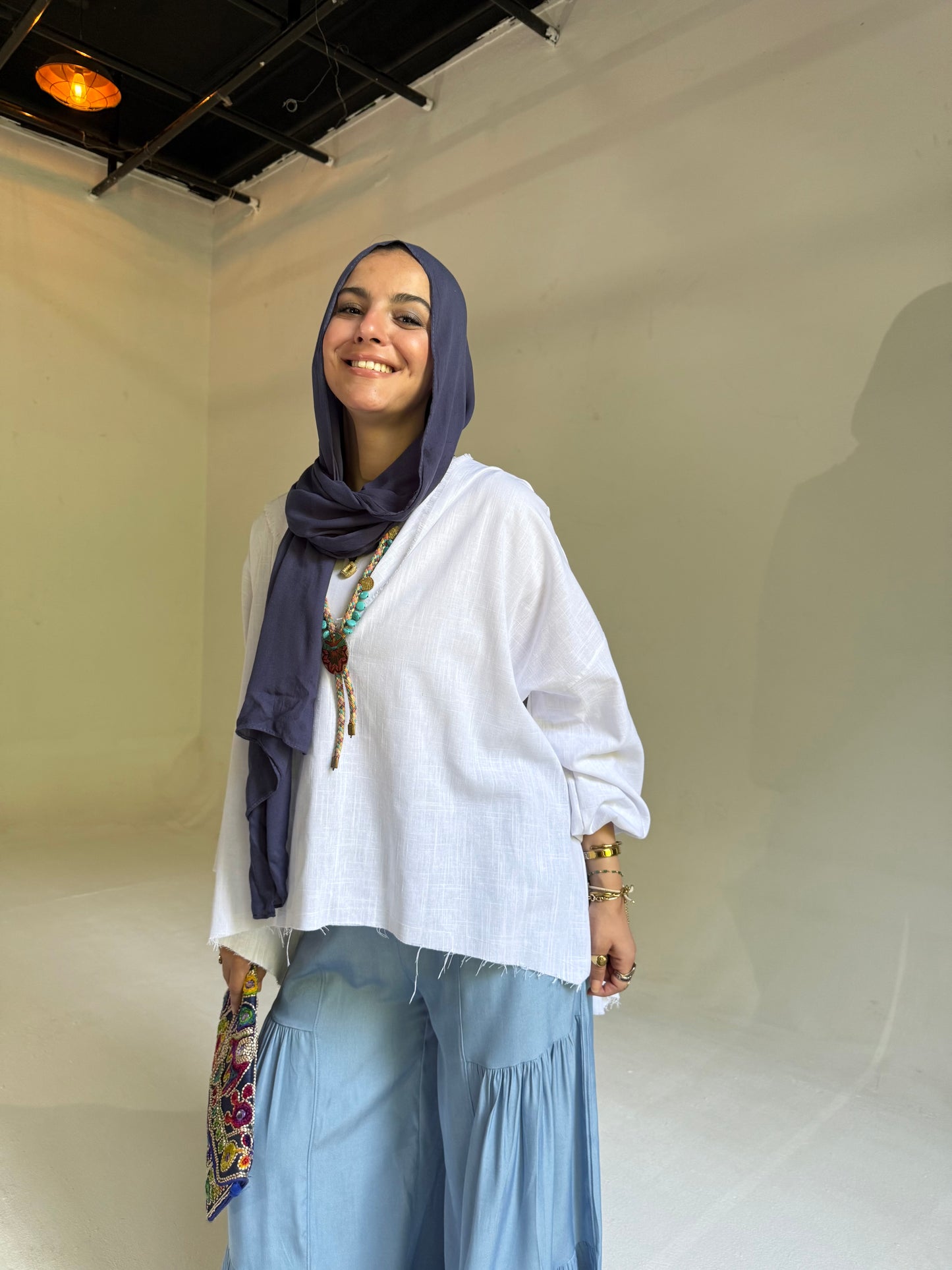 High Low Hoodie Linen Top in White
