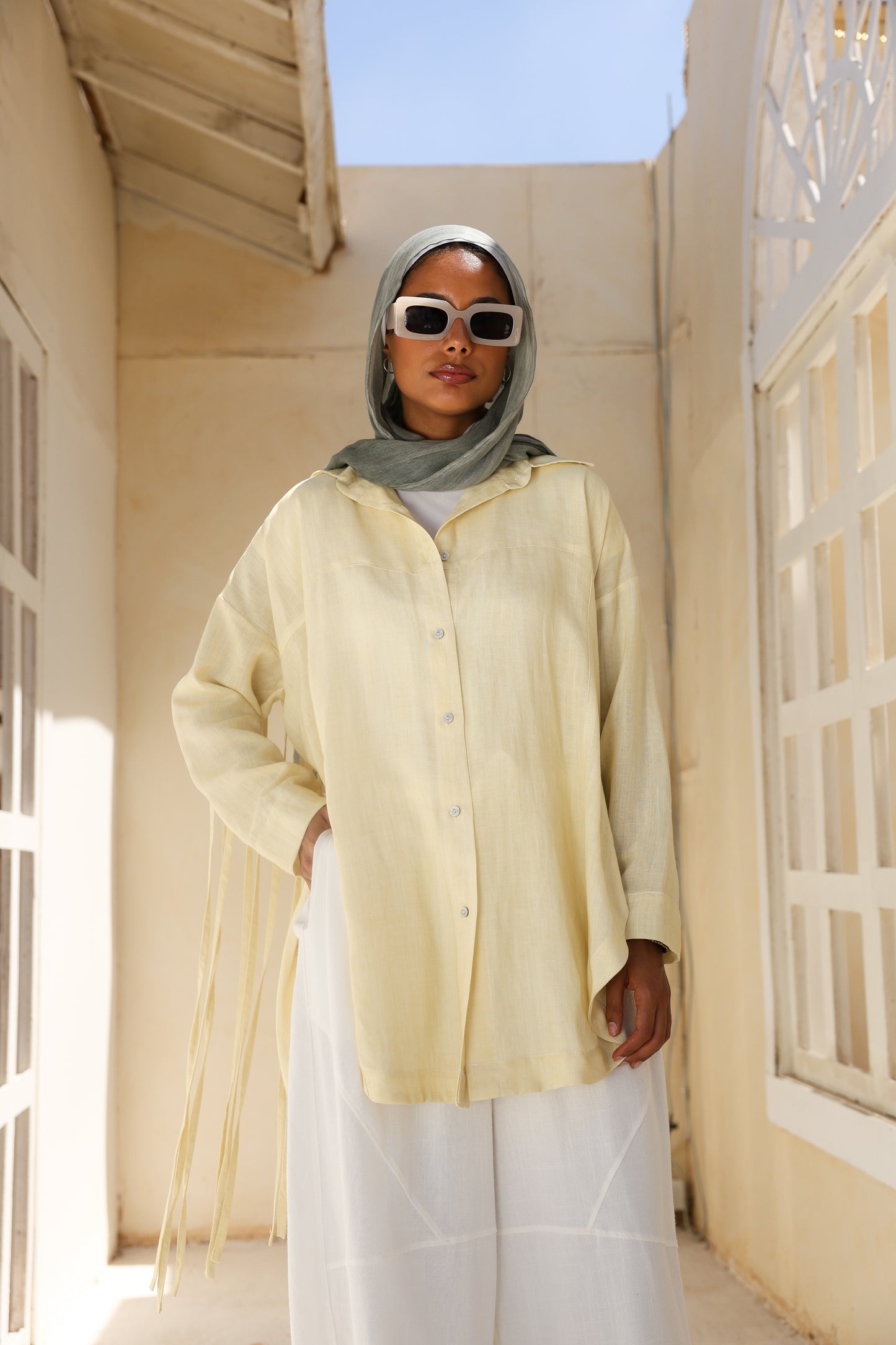 Back Fringes Linen Shirt in Butter Yellow
