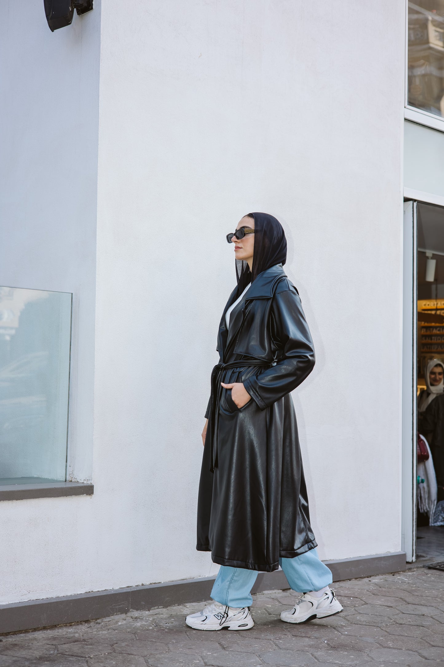 Long Faux Leather Trench Coat in Black