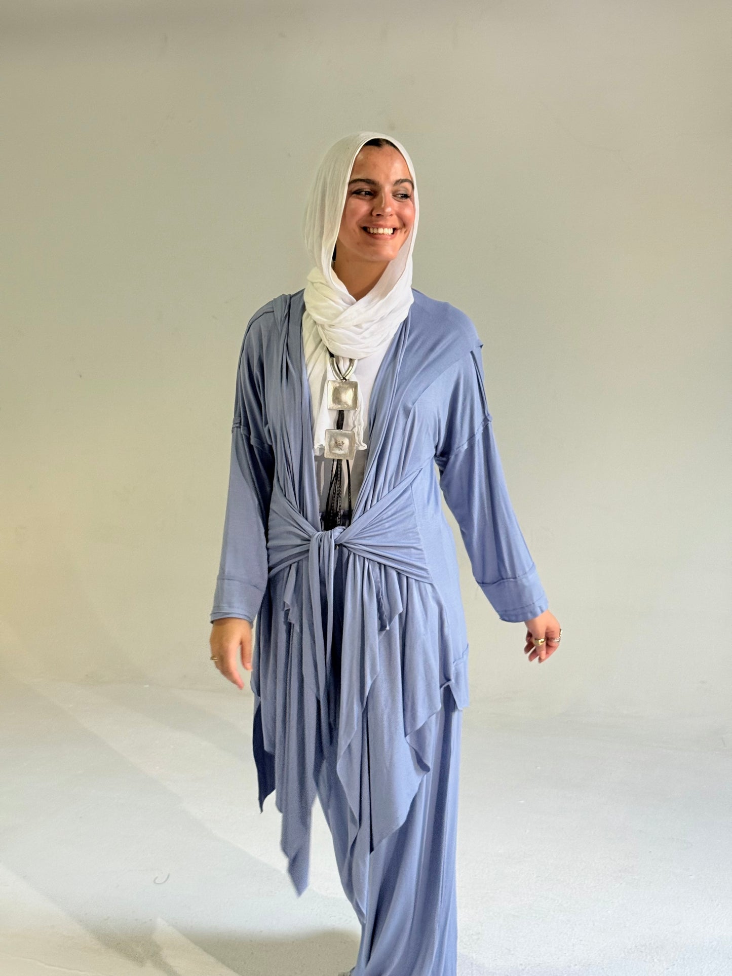 Asymmetrical Cardigan Set in Blue Jeans