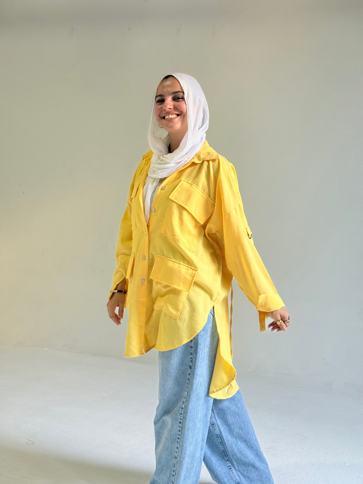 Linen Pockets Oversized High low Shirt in Yellow