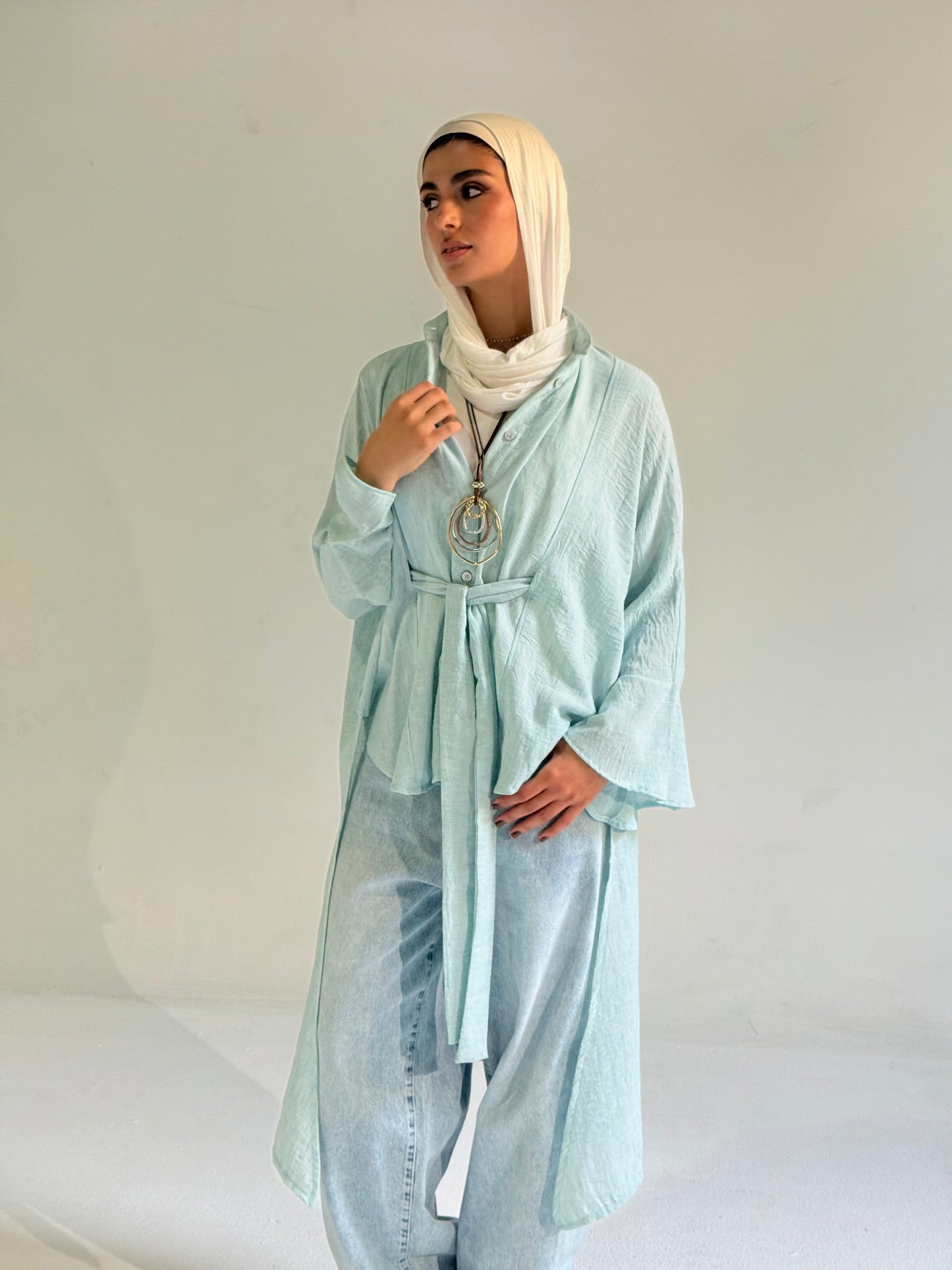 Linen Belted Asymmetrical Shirt in Aqua Blue
