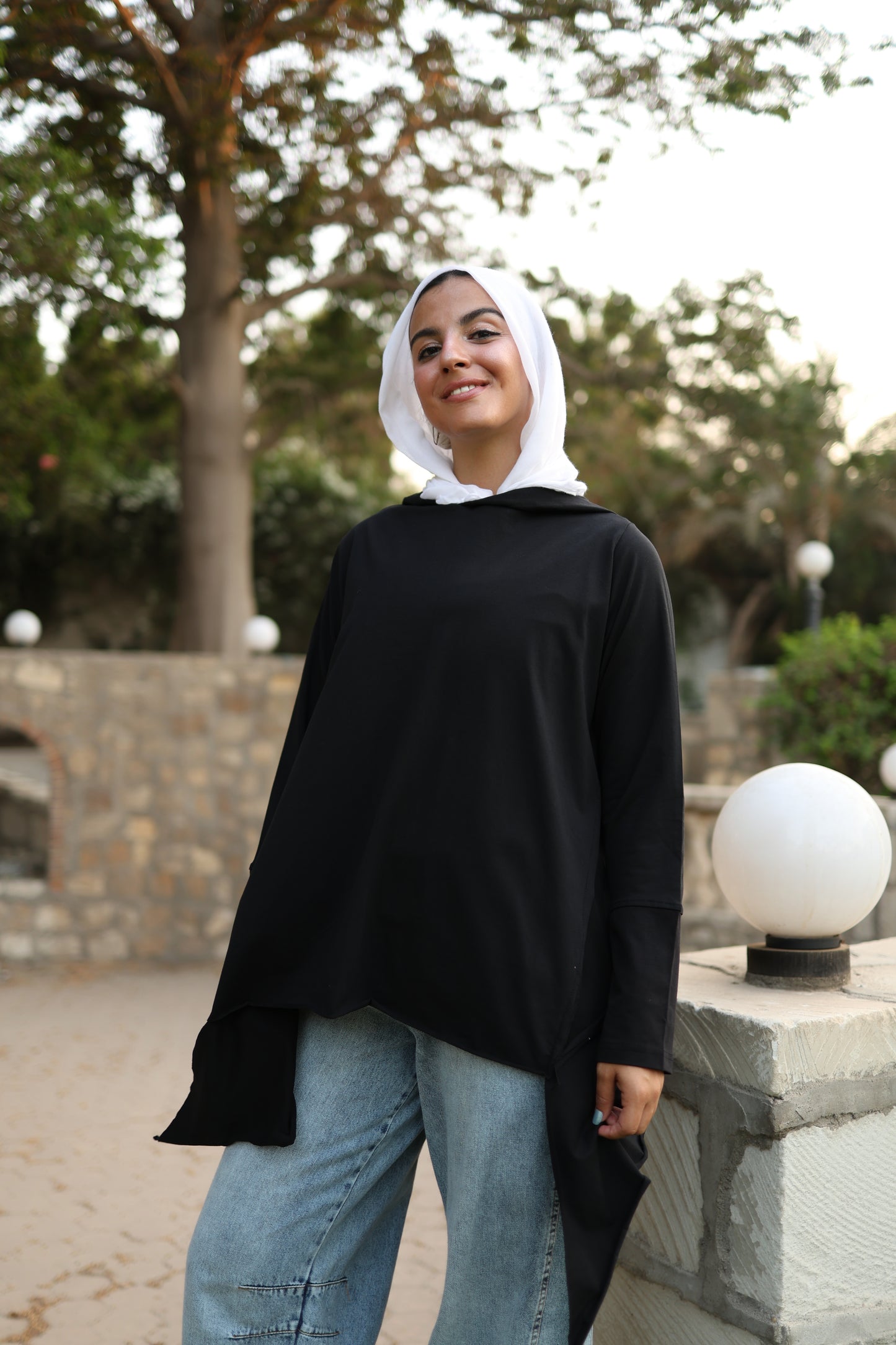 Stitches Side Hoodie Cotton Top in Black