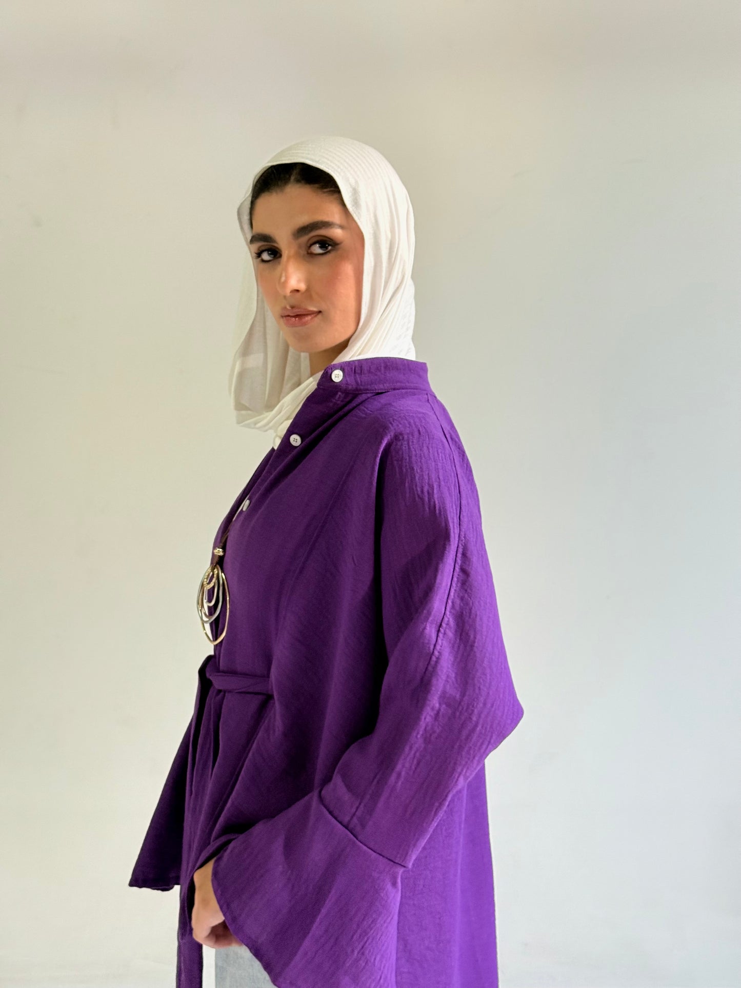 Linen Belted Asymmetrical Shirt in Purple