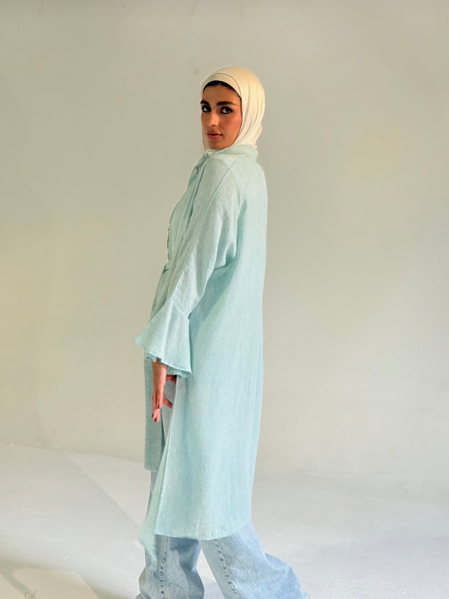 Linen Belted Asymmetrical Shirt in Aqua Blue