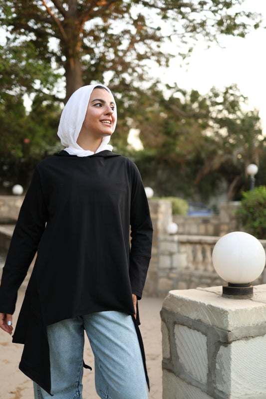 Stitches Side Hoodie Cotton Top in Black