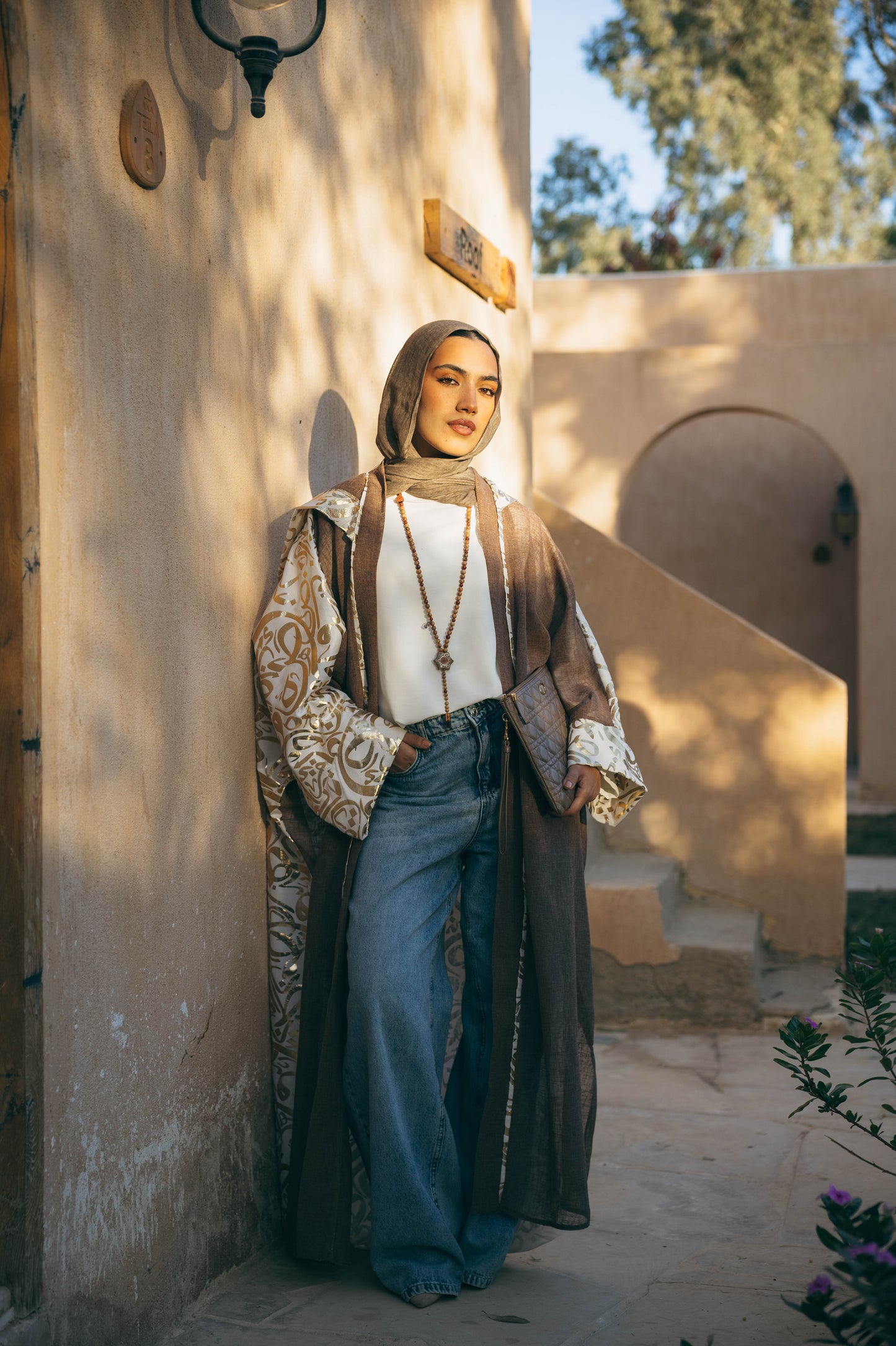Calligraphy Linen Kaftan in Cafe