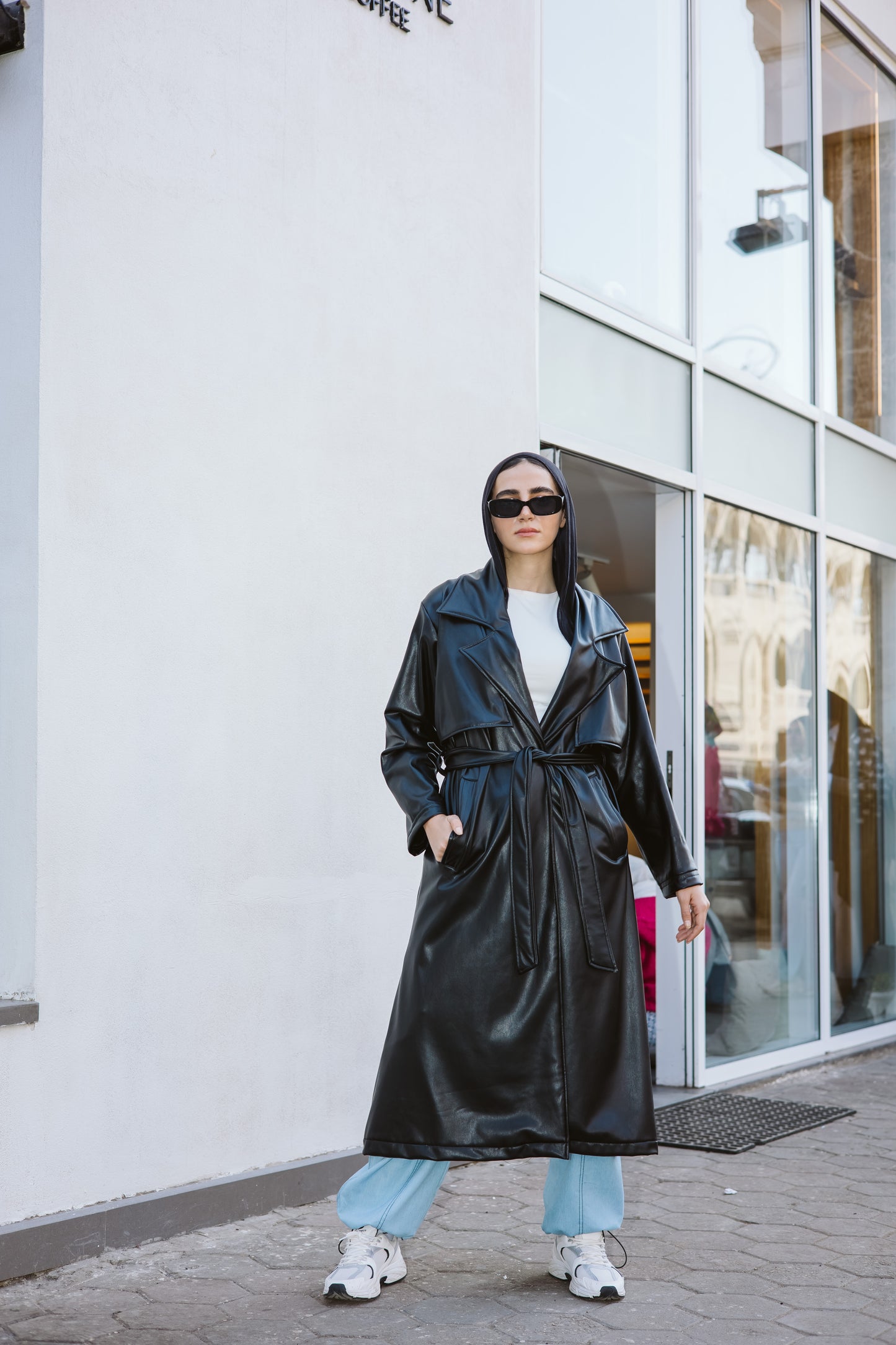 Long Faux Leather Trench Coat in Black